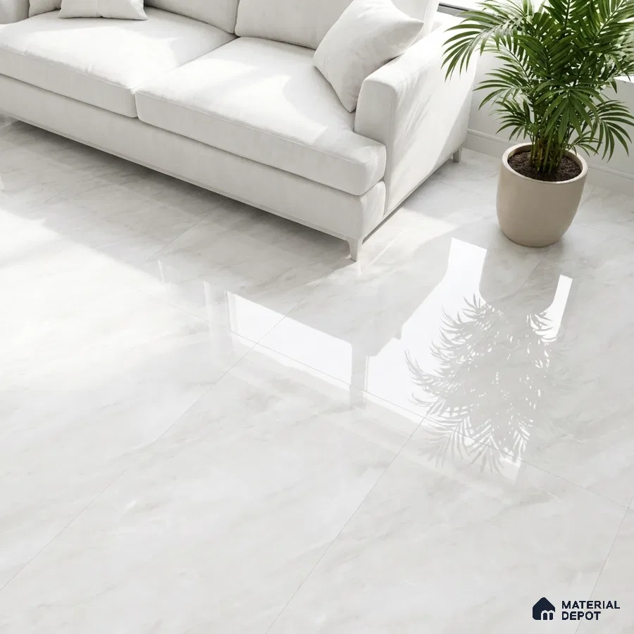 Minimalist living room with glossy white marble-look floor tiles and ivory fabric sofa
