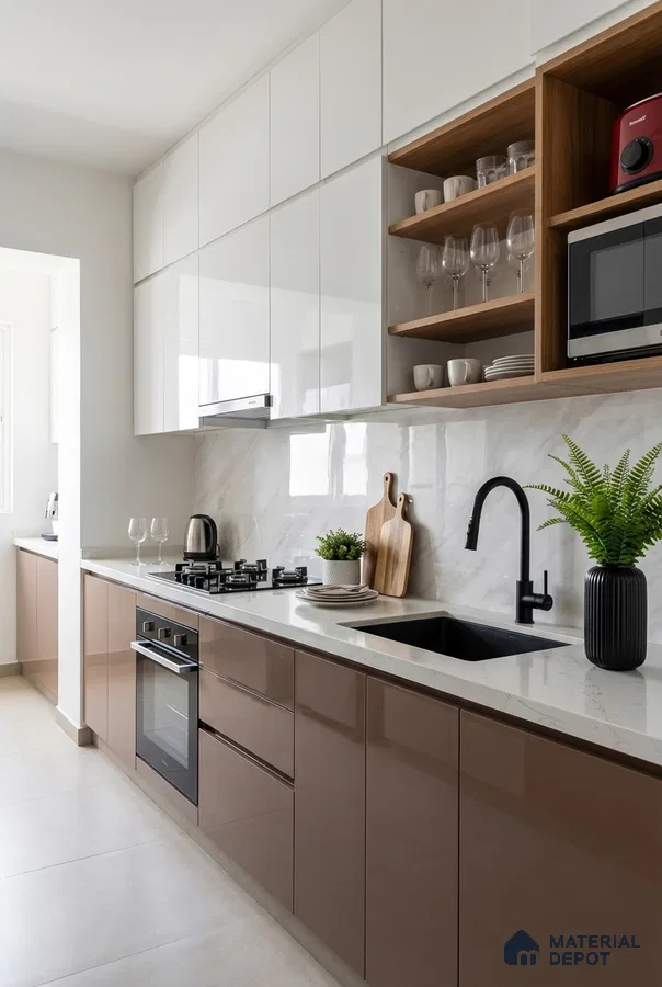 Modern dual tone kitchen with glossy white and taupe laminate, white marble-look backsplash, and quartz countertop