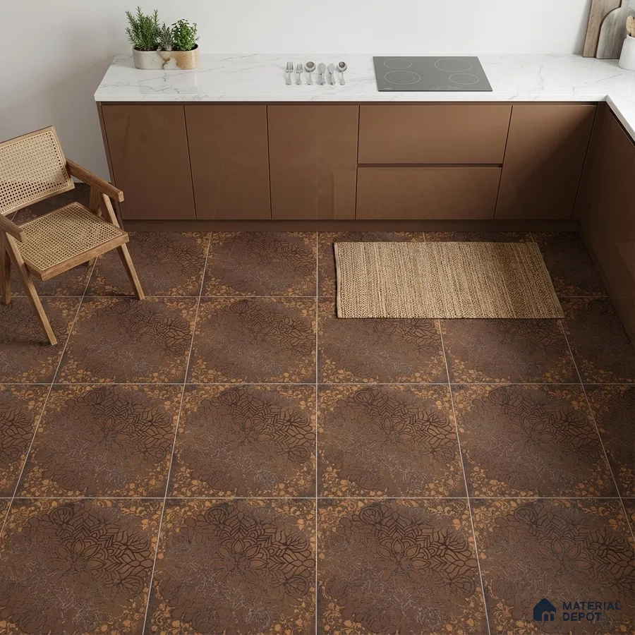 Modern kitchen with glossy brown laminate cabinets, white marble countertop, and patterned brown floor tiles