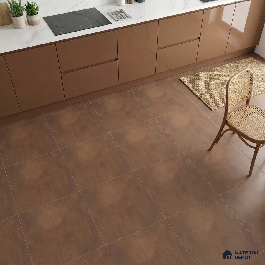 Modern kitchen with glossy brown laminate cabinets, white marble-look countertop, and rustic brown floor tiles