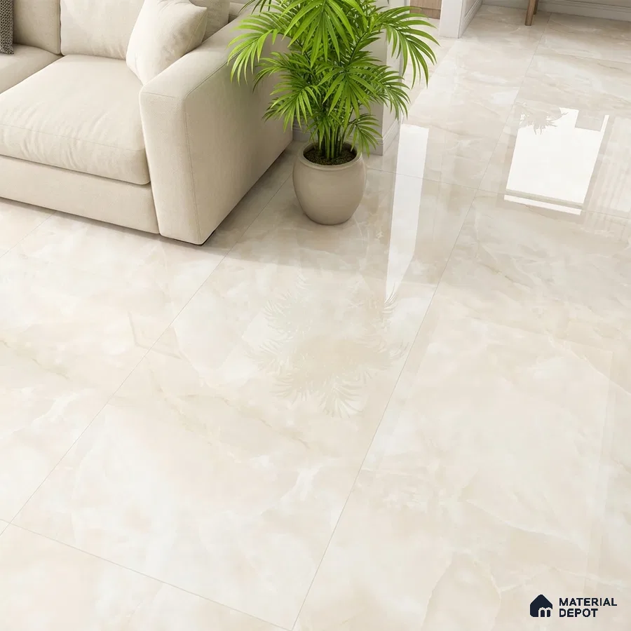 Modern living room with glossy beige marble-look floor tiles and neutral sofa