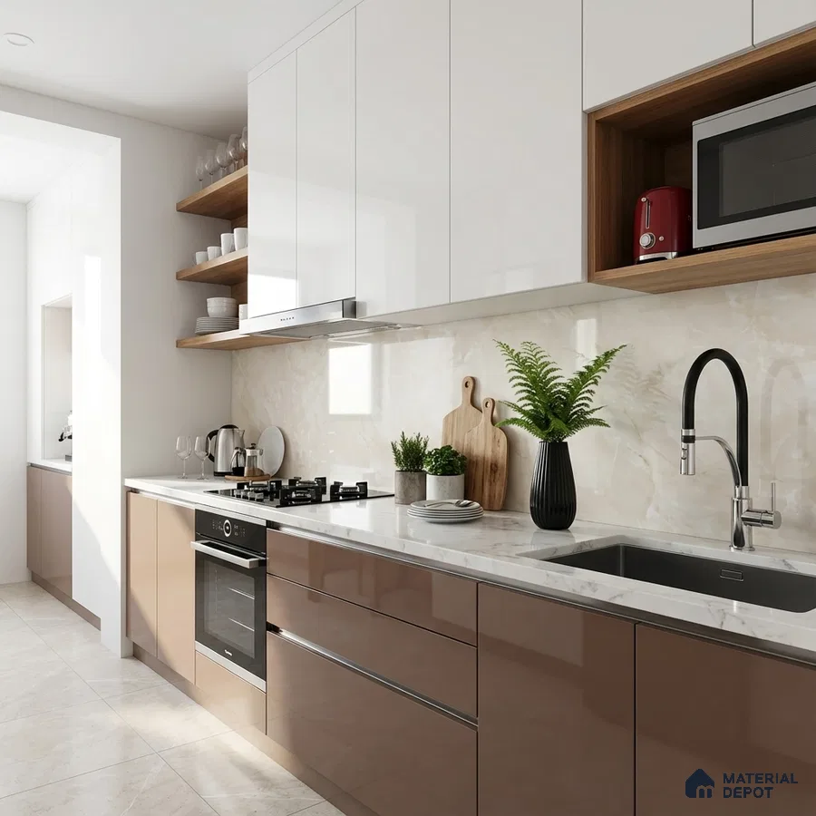 Modern kitchen with glossy taupe and white laminate, marble-look backsplash, and white quartz countertop