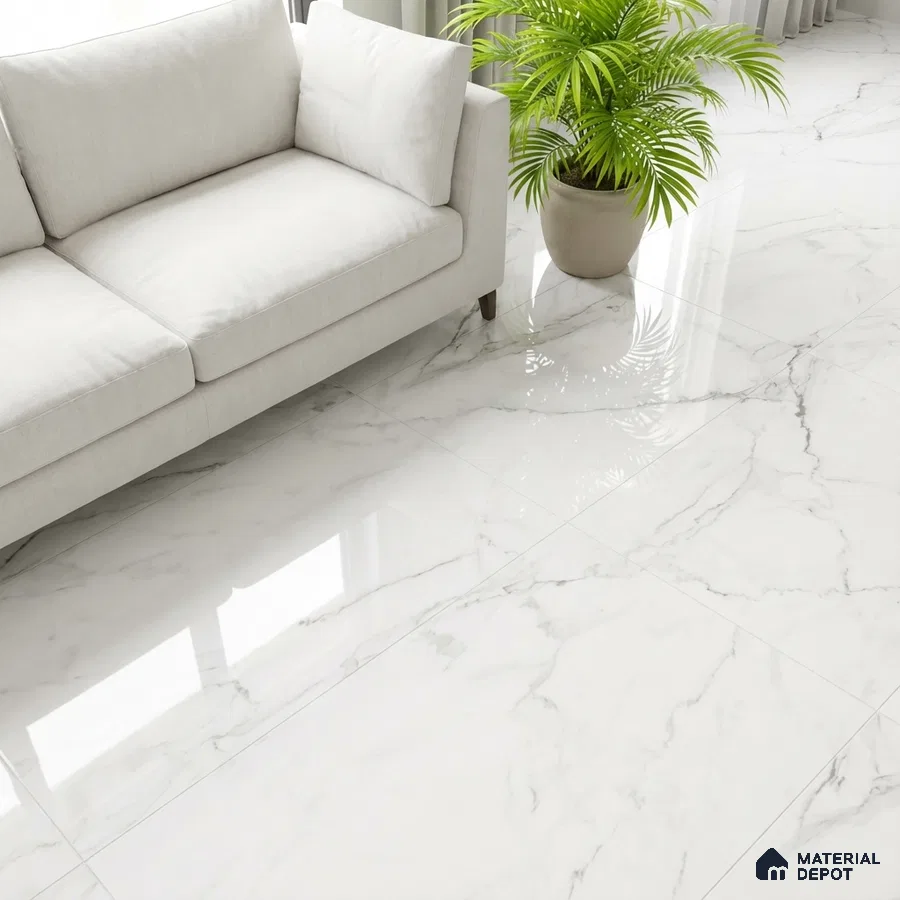 Modern living room with white marble-look polished floor tiles and neutral fabric sofa
