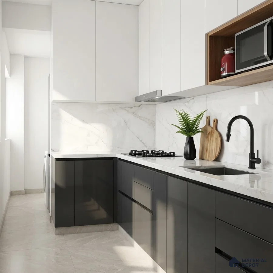Modern dual tone kitchen with white marble-look backsplash, glossy black and white laminate cabinets, and white quartz countertop