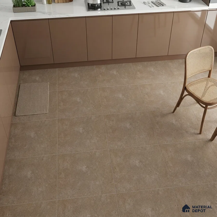 Modern kitchen with taupe high gloss laminate cabinets, white marble countertop, and beige stone look floor tiles