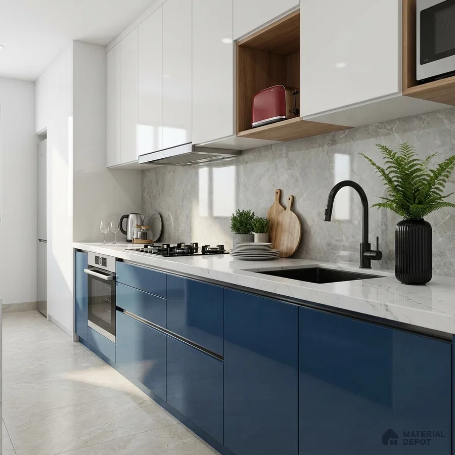 Modern dual tone kitchen with blue high gloss laminate, frosty white laminate, and marble backsplash