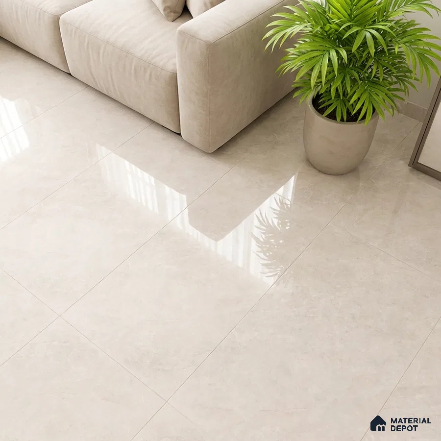 Minimalist living room with beige marble-look glossy floor tiles and neutral fabric sofa