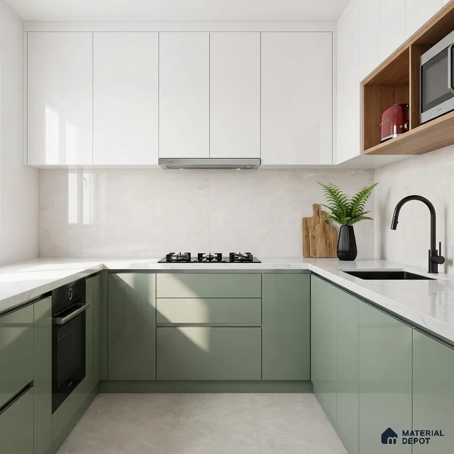 Modern dual tone kitchen with sage green and frosty white laminate, white marble-look quartz countertop