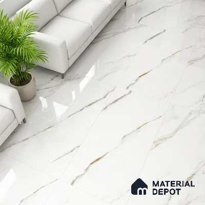 Modern living room with white marble-look floor tiles and minimal sofa seating