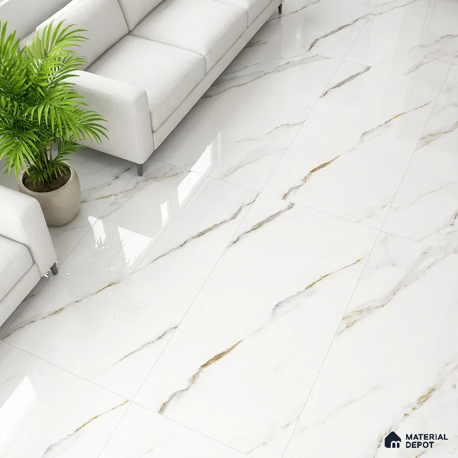 Modern living room with white marble-look floor tiles and minimal sofa seating