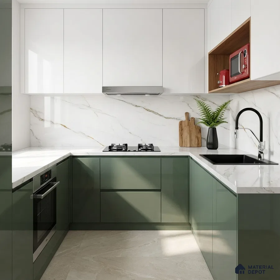 Modern dual tone kitchen with olive green and frosty white laminate, white marble-look backsplash and countertop