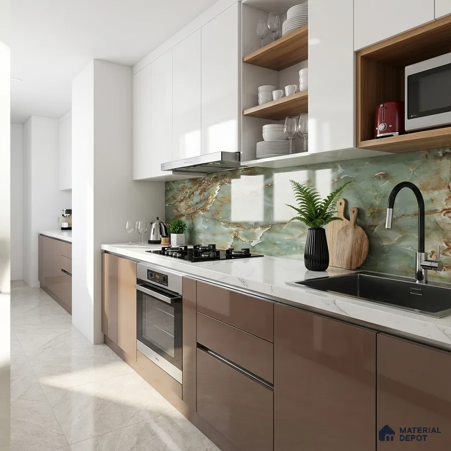 Modern kitchen with glossy taupe laminate, white quartz countertop, and aqua green marble backsplash