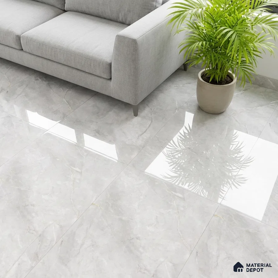 Minimalist living room with glossy light grey marble-look floor tiles and grey fabric sofa