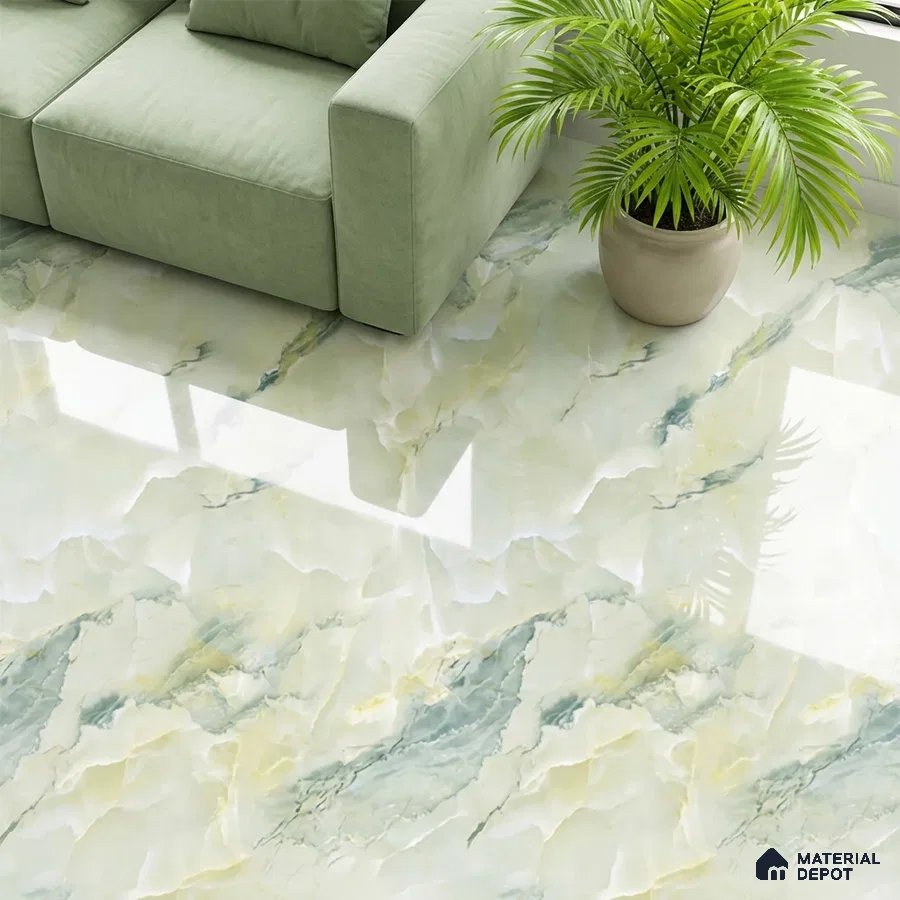 Modern living room with pastel green sofa and glossy marble-look floor tiles