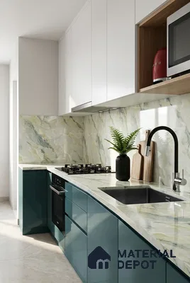 Modern kitchen with teal high gloss laminate, white marble-look countertop and backsplash