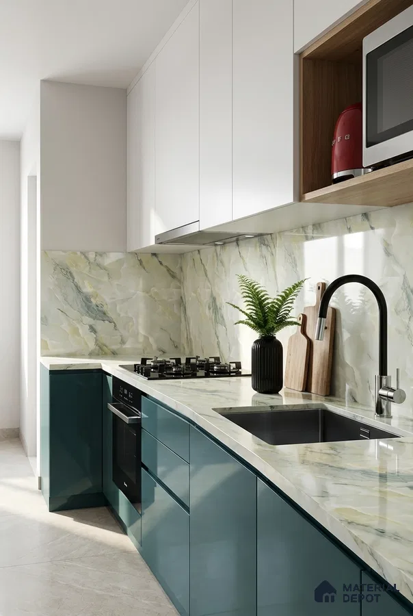 Modern kitchen with teal high gloss laminate, white marble-look countertop and backsplash