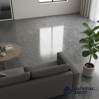Minimalist living room with grey marble floor tiles and neutral furnishings