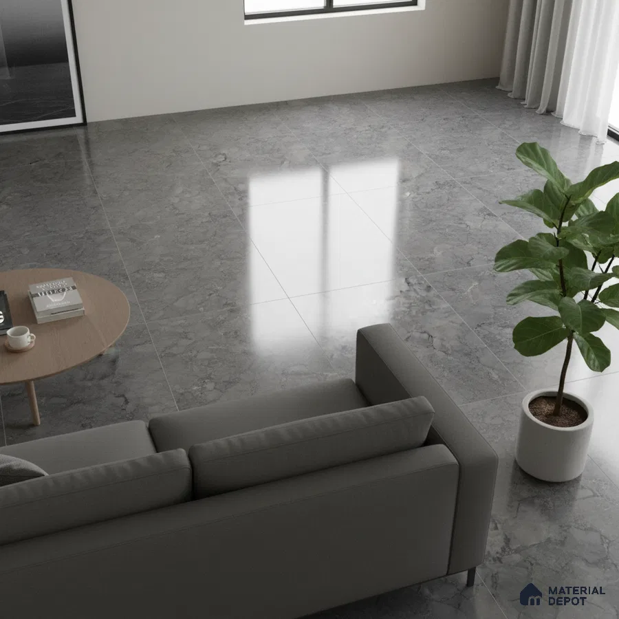 Minimalist living room with grey marble floor tiles and neutral furnishings