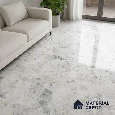 Modern living room with marble-look polished floor tiles and beige fabric sofa