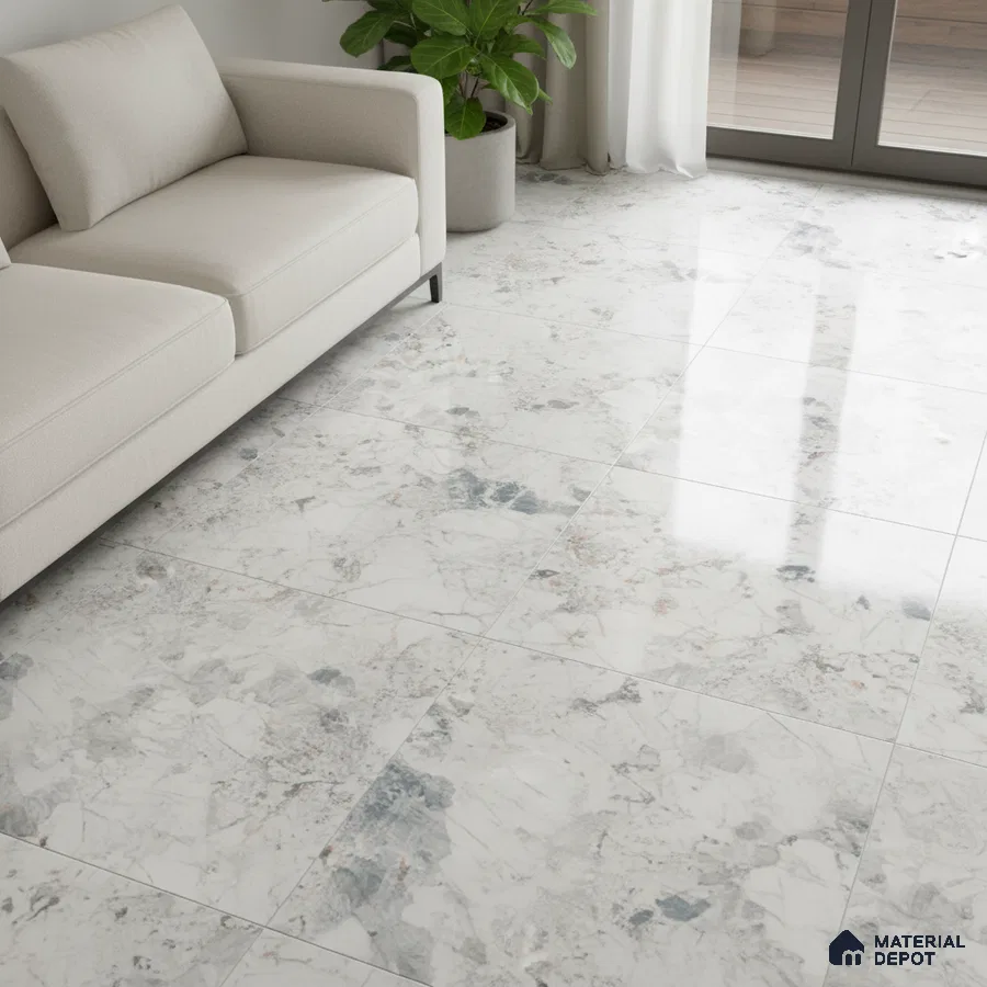 Modern living room with marble-look polished floor tiles and beige fabric sofa