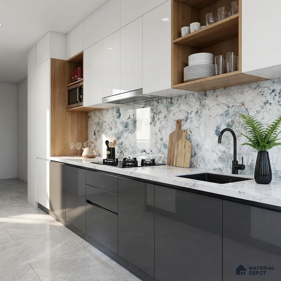 Modern kitchen with white and grey high gloss laminate, marble-look backsplash tile, and light beige floor tile