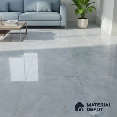 Modern living room with glossy white marble floor tiles and pastel blue sofa
