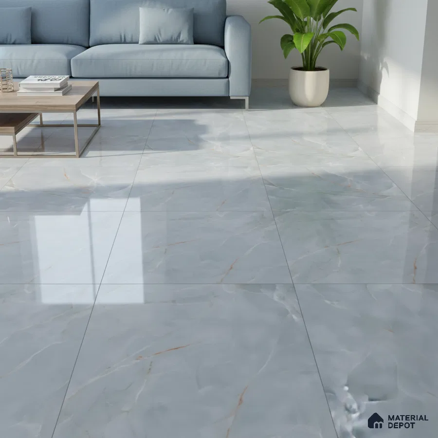Modern living room with glossy white marble floor tiles and pastel blue sofa