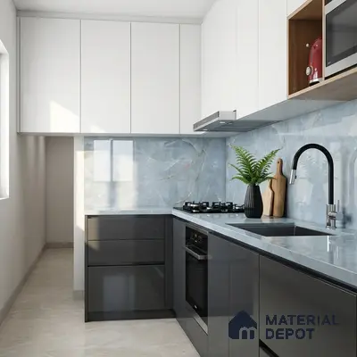 Modern kitchen with blue marble-look backsplash, glossy grey and white laminate cabinets