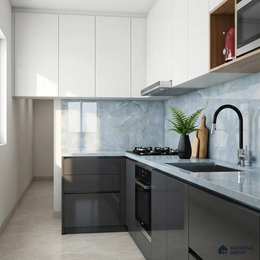 Modern kitchen with blue marble-look backsplash, glossy grey and white laminate cabinets