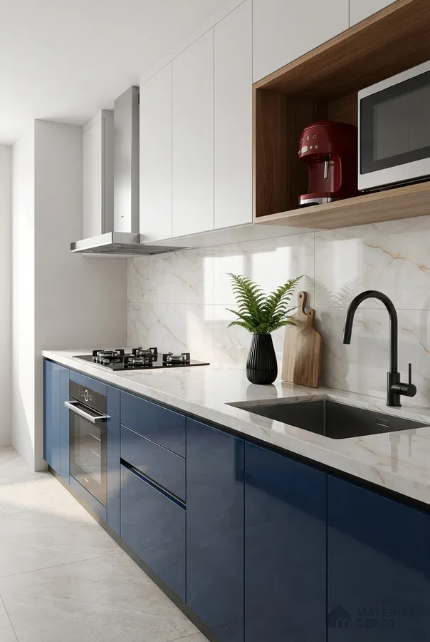 Modern dual tone kitchen with navy blue high gloss laminate, frosty white laminate, and marble-look backsplash tile