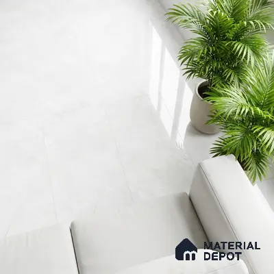 Minimalist living room with glossy white marble floor tiles and neutral sofa