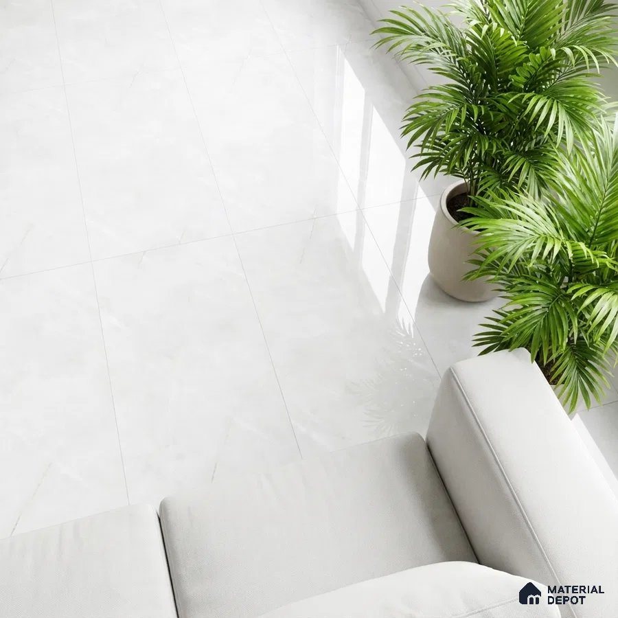 Minimalist living room with glossy white marble floor tiles and neutral sofa