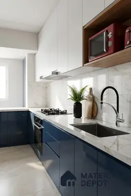 Modern dual tone kitchen with navy blue high gloss laminate, frosty white laminate, and marble-look backsplash