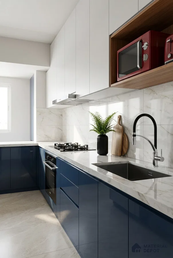Modern dual tone kitchen with navy blue high gloss laminate, frosty white laminate, and marble-look backsplash