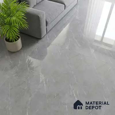 Modern living room with grey marble-look polished floor tiles and grey fabric sofa