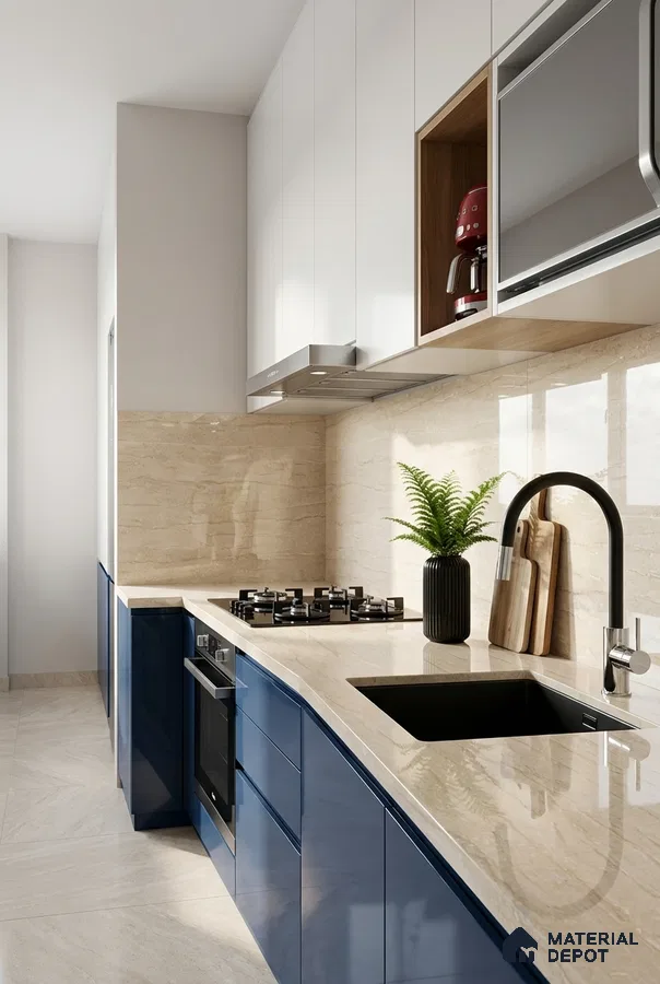 Modern kitchen with blue high gloss laminate, beige marble-look countertop and backsplash