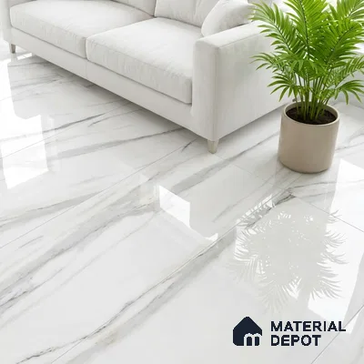 Minimalist living room with white marble-look polished floor tiles and ivory sofa