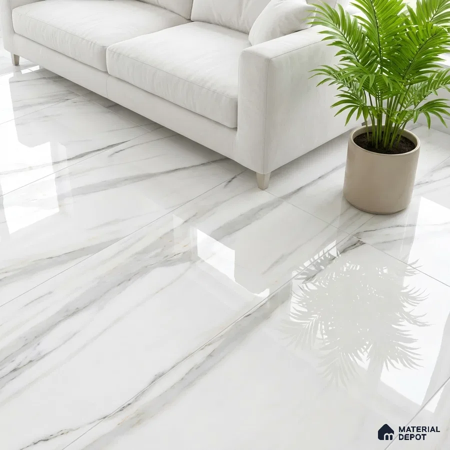 Minimalist living room with white marble-look polished floor tiles and ivory sofa
