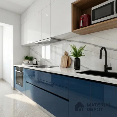 Modern kitchen with blue high gloss laminate, frosty white laminate, and marble backsplash
