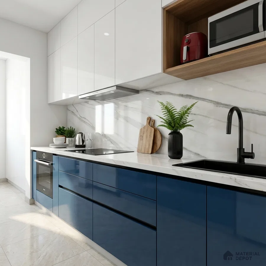 Modern kitchen with blue high gloss laminate, frosty white laminate, and marble backsplash