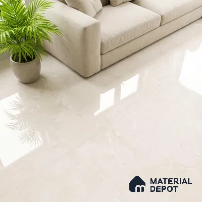 Minimalist living room with glossy ivory marble-look floor tiles and beige fabric sofa