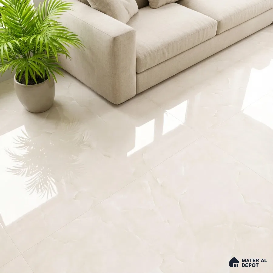 Minimalist living room with glossy ivory marble-look floor tiles and beige fabric sofa