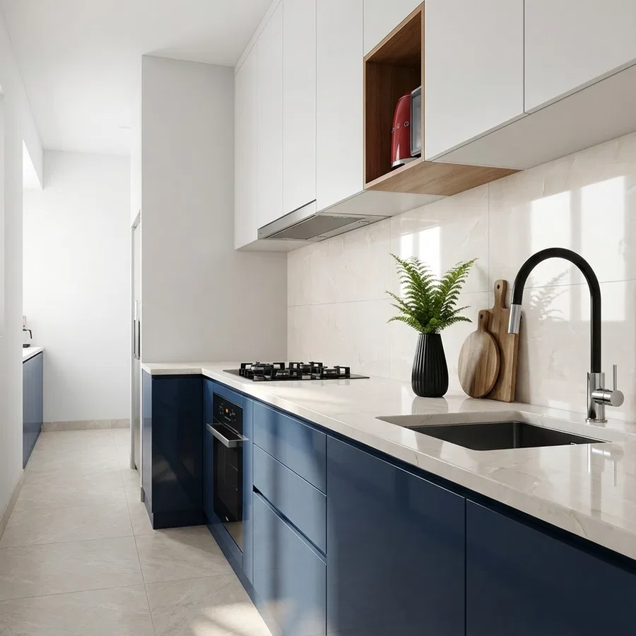 Modern dual tone kitchen with navy blue high gloss laminate, frosty white laminate, and marble look backsplash tile