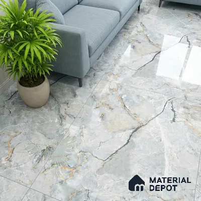 Modern living room with glossy marble-look floor tiles and pastel blue sofa