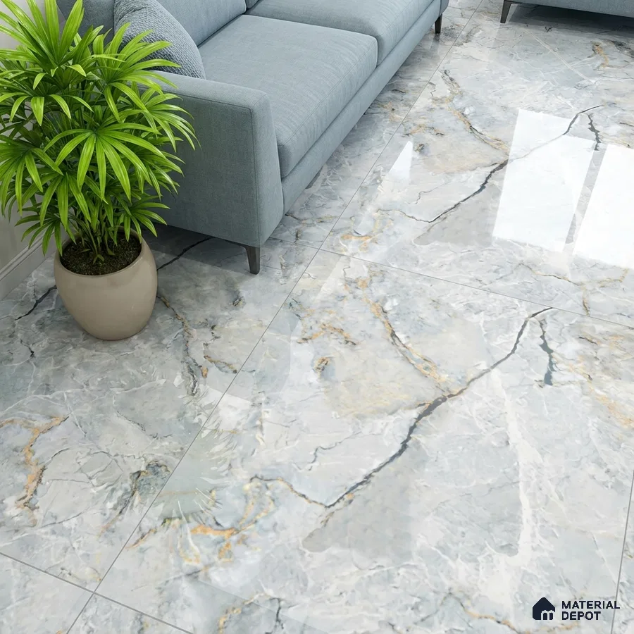 Modern living room with glossy marble-look floor tiles and pastel blue sofa