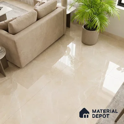 Modern living room with beige marble-look glossy floor tiles and neutral fabric sofa