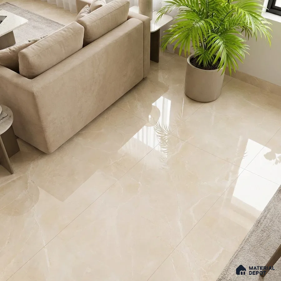 Modern living room with beige marble-look glossy floor tiles and neutral fabric sofa
