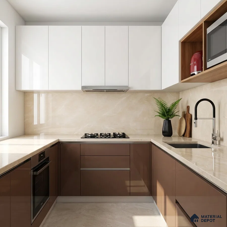 Modern dual tone kitchen with glossy white and cappuccino brown laminate, beige marble backsplash and countertop