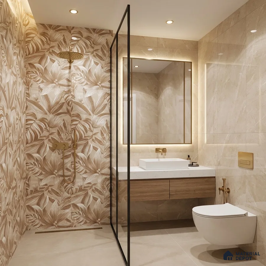 Modern bathroom with beige floral highlighter wall tile, marble-look wall tiles, and wooden vanity