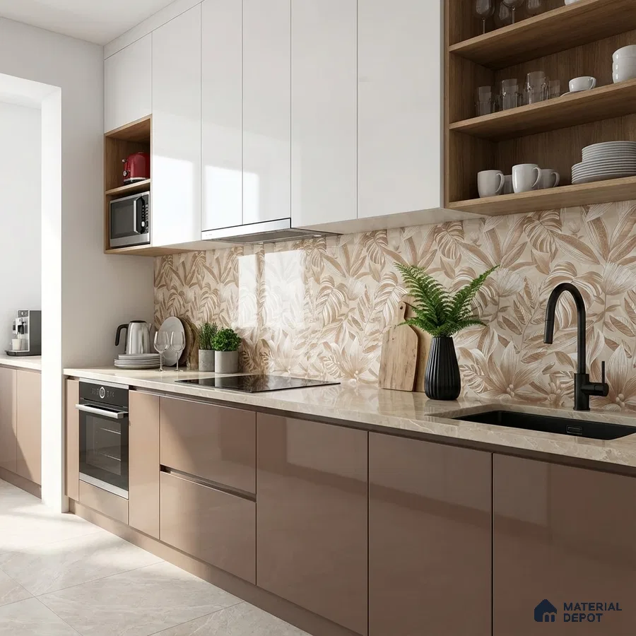 Modern kitchen with beige floral highlighter backsplash tile, glossy taupe laminate, and white upper cabinets